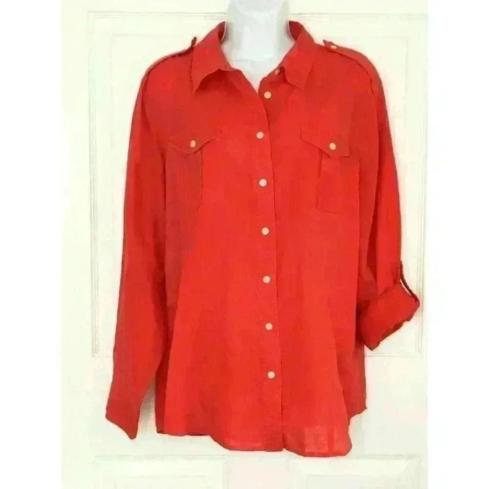 Chicos 2 top button front roll tab sleeves linen blend epaulettes pockets orange